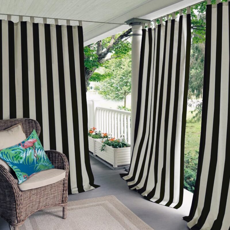 Outdoor Curtains and Drapes, custom-size, Black stripes, UV protection, 5 years warranty